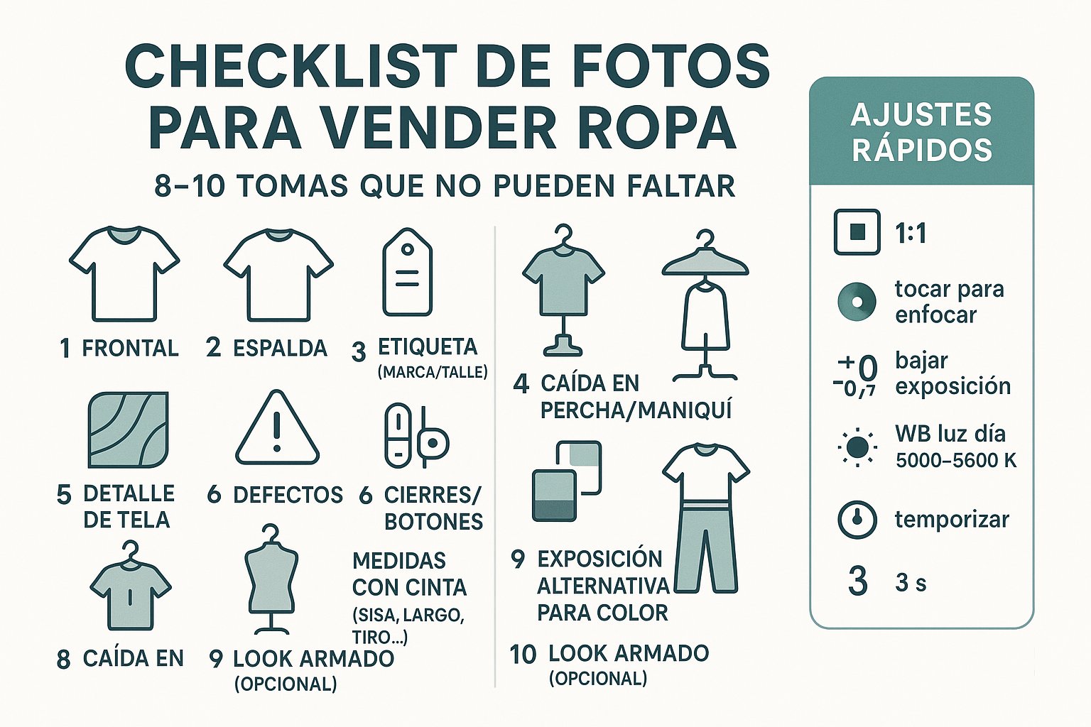 Checklist de fotos para vender ropa - Guía visual con tomas obligatorias y ajustes de cámara