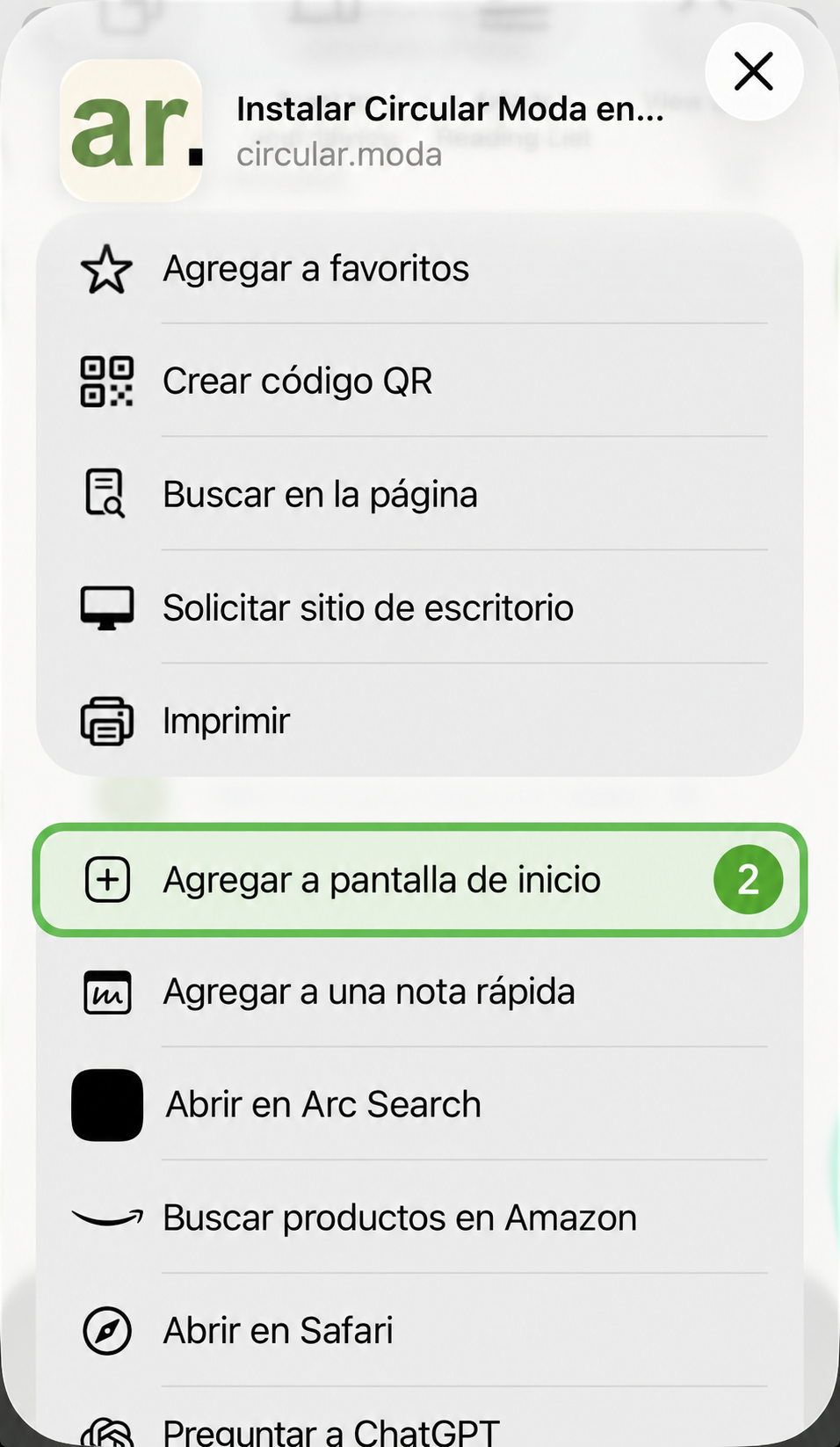 Opción Agregar a pantalla de inicio resaltada en el menú del iPhone